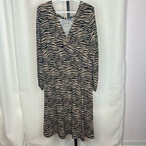 Loft women’s sz 12 Animal Stripes Faux Wrap Dress W/side zipper Tan And Black